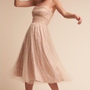 BHLDN pearl and gold tulle midi strapless dress